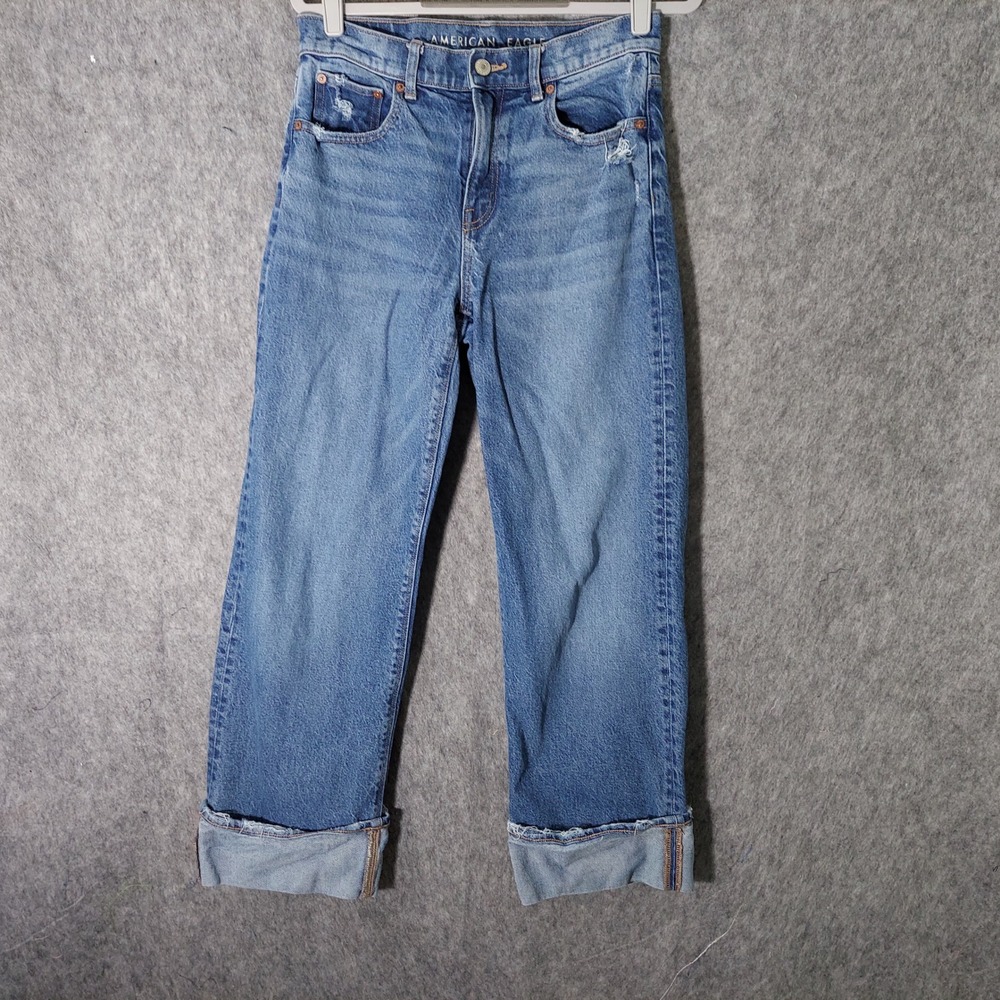 American Eagle Women Jeans 2 Blue Stovepipe High Rise Wide Leg Cuffed Stretch